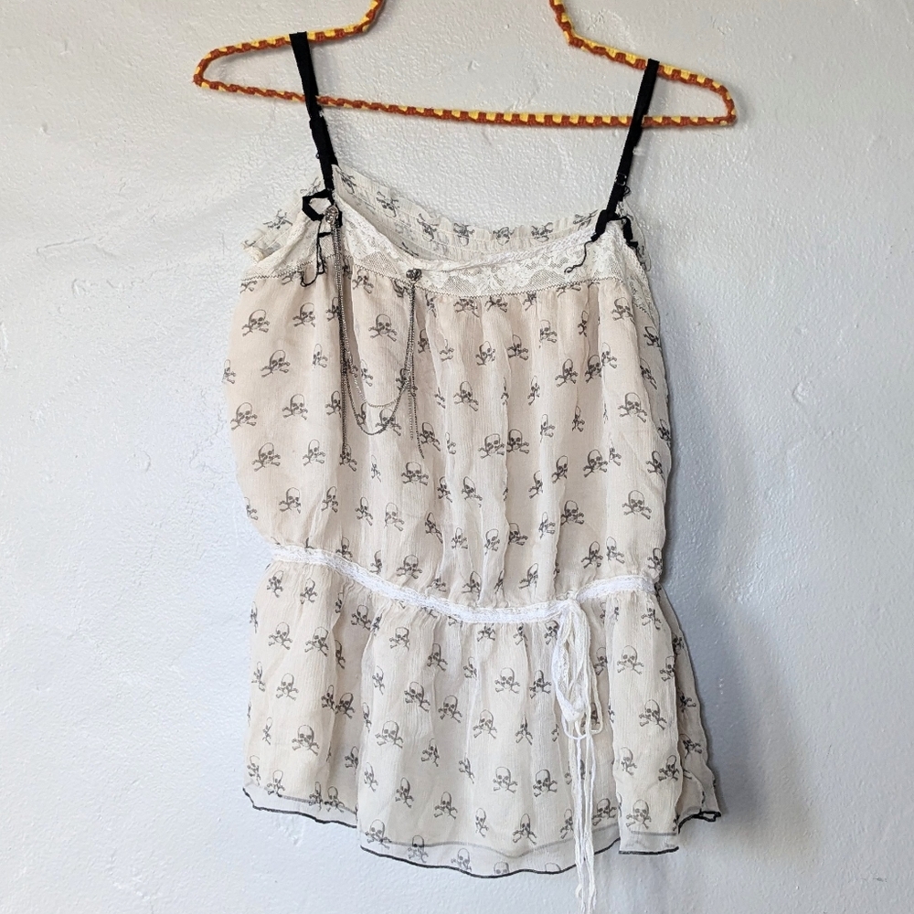 Johnny Was Love and Liberty Silk Skull Print Lace Cami Tank Top - Medium
